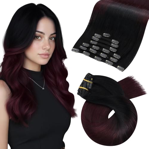 Image of Moresoo Burgundy Red Balayage Clip in Hair Extensions Real Human Hair 24in | Clip ins black to burgundy red ombre, 120g 7pcs, invisible weft for long length and party highlights
