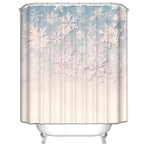 Tolldek Duschvorhang Weiß 90x180 cm Wasserdicht Textil Stoff, Weihnachtsthema Schnee Muster Stoff Bad Vorhang Polyester Duschvorhänge für Badewanne 0,9 x 1,8m Lang(BxH) mit Duschvorhangringen