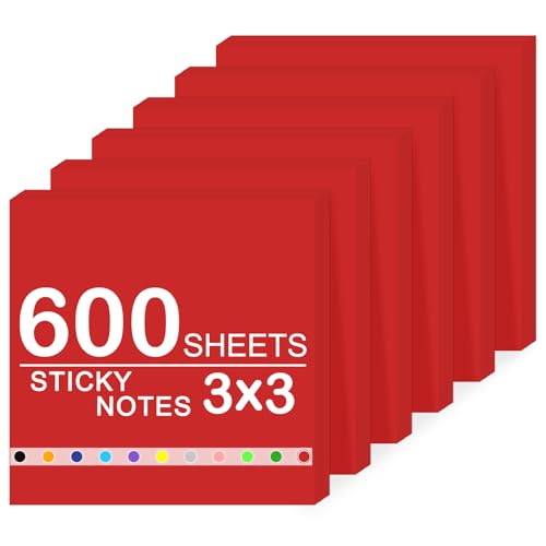 Super Sticky Notes,6 Pads Self-Stick Note Pads 3 x 3 in,600 Sheets Total Sticky Notepad Bulk Post It's,Office Supplies,School Supplies,Christmas Gifts (Red, 6 Pads Sticky Notes 3x3)