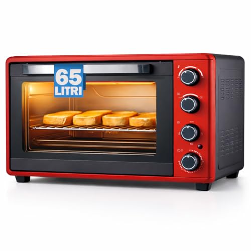 BAKAJI Forno Elettrico Rosso 2000W con Funzione Ventilato, Fornetto con Teglia e Griglia Inclusi, 4 Livelli di Cottura, Manopole di Controllo e Design Moderno, Base Antiscivolo (65 Litri)