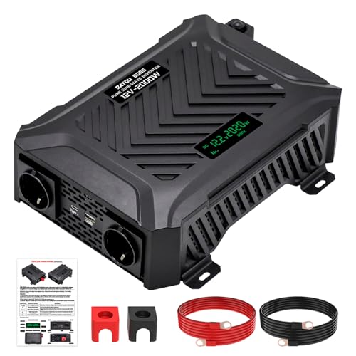 DATOUBOSS Inversor 12V 220V 230V Onda Pura 2000W/4000W, Inversor 2000w Onda Pura con 2 EU Tomas de Corriente, Salida USB/USB C y Pantalla LCD, Inversor de Autocaravanas, Camiones, Camping