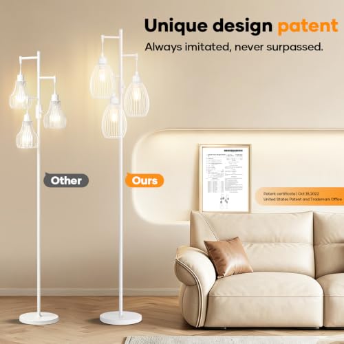 Image of Dimmable Floor Lamp, 3 x 800LM LED Edison Bulbs Included, Farmhouse Industrial Floor Lamp Standing Lamp with Elegant Teardrop Cage Head Tall Lamp for Living Room Bedroom Office Dining Room - White