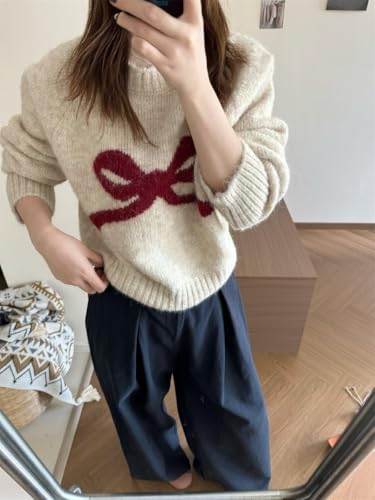 Image of Women's Y2K Bow Print Cropped Sweater Casual Loose Fit Pullover Tops Long Sleeve Crew Neck Chunky Knit Jumpers