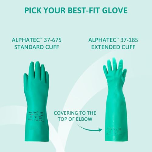 Ansell AlphaTec 37-185 Chemical-Resistant Nitrile Gloves, Liquid and Splash Protection, Food-Handling, Silicone and Latex-Free Work Glove, Waterproof, Reusable, Green, Size M (1 Pair)