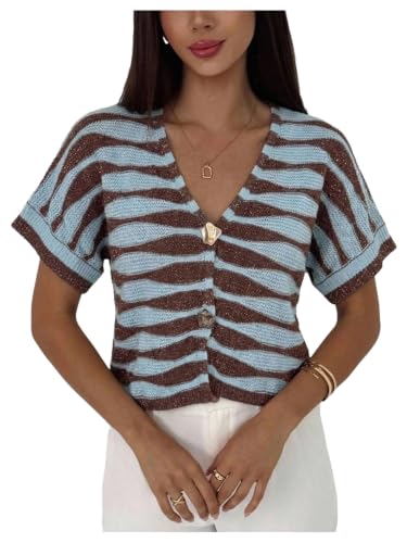 SOLY HUX Women's Short Sleeve V Neck Cardigan Sweater Blue and Brown