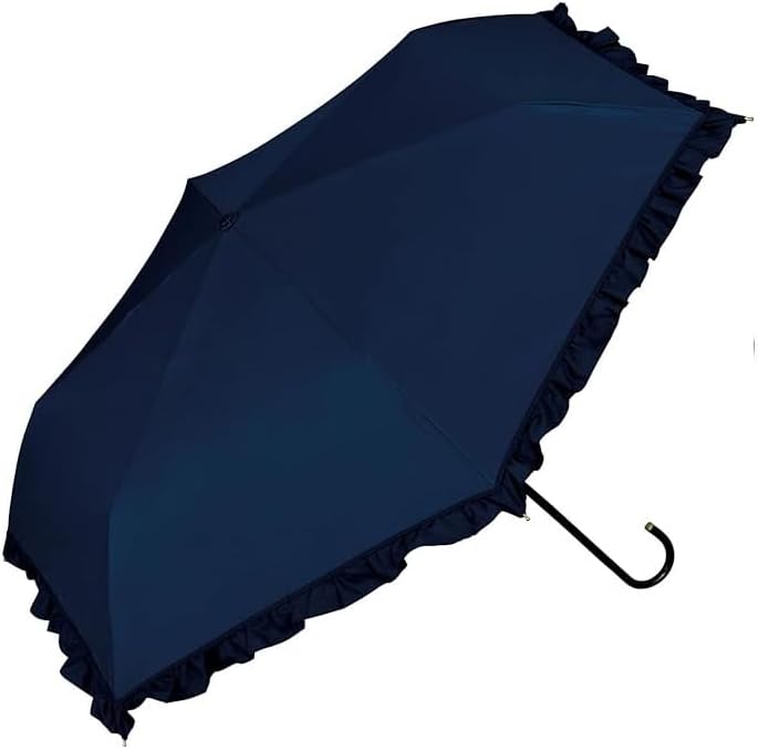 Classic Frill Folding Umbrella Navy – UV Protection & 100% Light Block – Elegant & Cute Mini Umbrella for Women – Sun & Rain Umbrella Lightweight & Compact