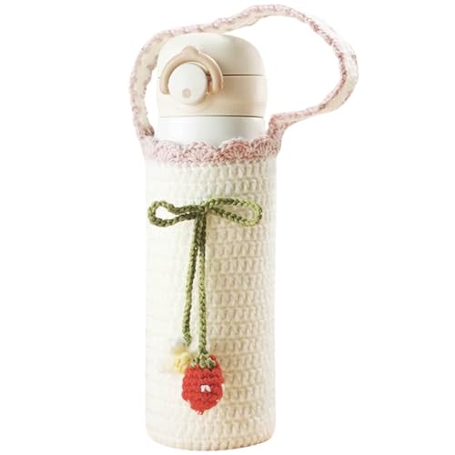 Yangshine Handmade Crochet Water Bottle Holder with Handle Strap, Crochet Strawberry Cup Sleeves Thermal insulation Bottle Sleeve Boho Bottle Carrier for Hiking Cycling Fitness,White