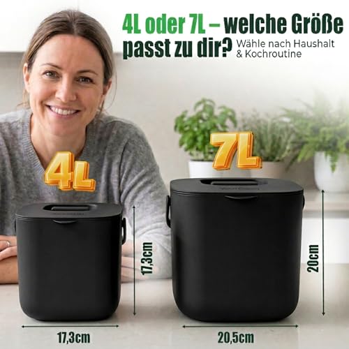 YourCasa Biomülleimer Küche 7L - Komposteimer mit herausnehmbarem Sieb & Deckel - geruchsdicht, spülmaschinenfest & ohne Biomülltüten - Bio Mülleimer für selteneres Entleeren (Schwarz)