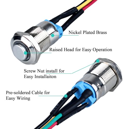 Image of 2Pcs 12mm Metal Latching Push Button Switch Waterproof Anti-Vandal High Round Head Silver Shell with 15cm Pre-soldered Cable 1NO 12V-24V ON-Off for 1 /2 inch Mounting Hole with Halo Ring Green LED