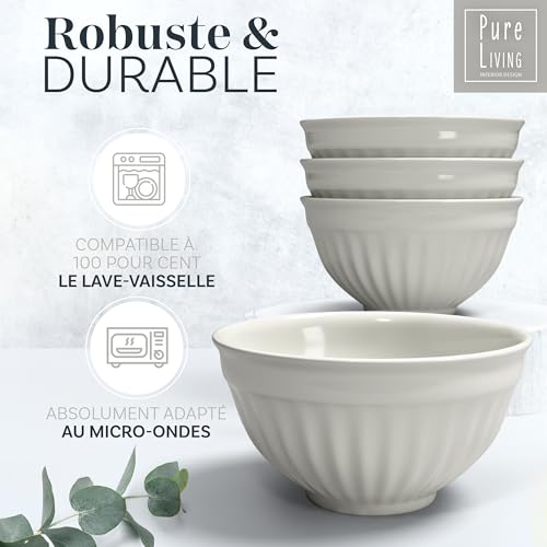 12-Piece Dinnerware Set - Bowl and Plate Set - Stoneware Dining Set for 4 People - Dishwasher and Microwave Safe - Grooved Dining Service in Beige