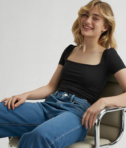 Image of SIGHTBOMB SOFTLINE SQUARE NECK DOUBLE LAYER SHORT SLEEVE MICROFIBER CUDDLE TEE AFFORD LUX EDITION FEATHER TOUCH TOP FOR WOMEN