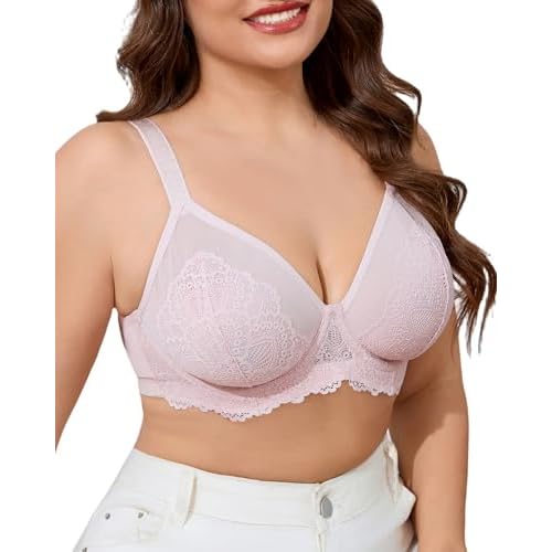 SHARICCA Minimizer Bras for Women, Full Coverage Underwire Support Balette, Unlined Plus Size Floral Lace Bra for Heavy Bust Misty Pink 38DD