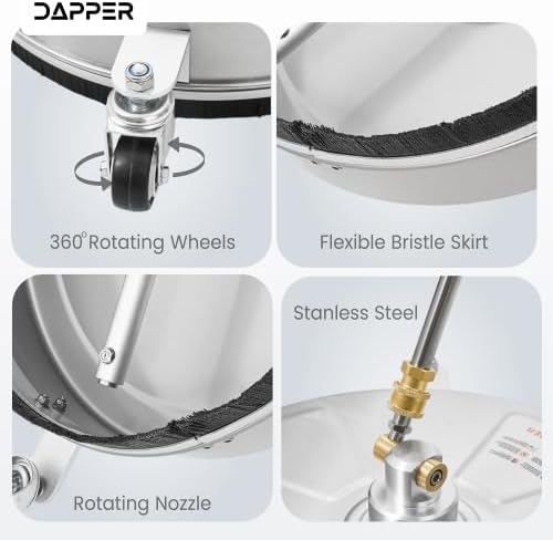 Features of Dapper Supply Surface Cleaner including wheels, skirt, nozzle, and stainless steel