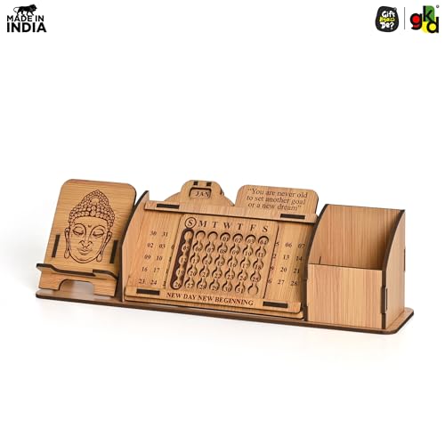 Image of GKD Wooden Desk Organizer with Lifetime Calendar, Phone Stand, Pen Holder & Buddha Design | Office Table Decor & Gift | inchNew Day New Beginning inch Quote (Bamboo Eco Friendly)