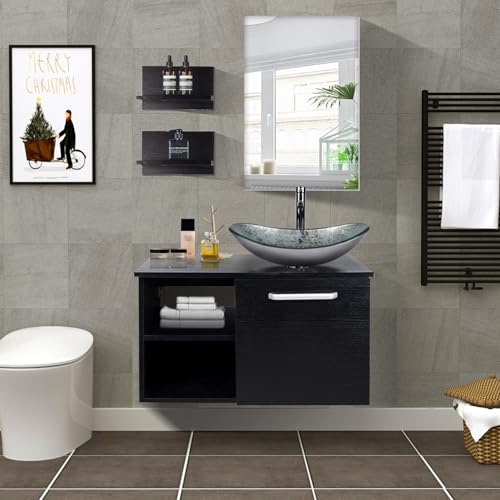 YU YUSING Badmöbel Set Waschbeckenunterschrank Badezimmerschrank mit Waschbecken Unterschrank Spiegel, Badezimmermöbel mit Waschtisch, Spiegelschrank, 2 Wandregale, Wasserhahn Set (Modern Silber)