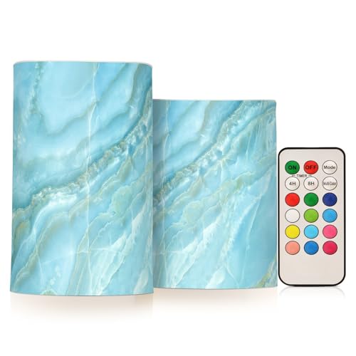 Image of Eionryn Aqua Marble Texture Flameless Candles Nature Stone Blue Veins Battery Operated LED Candles with Remote Timer Electric Candles for Home Party Decor 2pcs