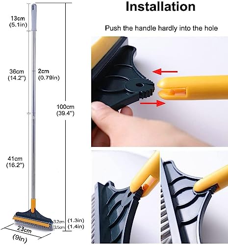 Image of Bathroom Cleaning Brush with Wiper, Long Handle Floor Scrubber Brush with Water Wiper Blade, Heavy Duty Tile & Floooor Cleaning Brush, Multipurpose Bathroom Kitchen Floor Cleaner Tool, 2 in 1 Yellow