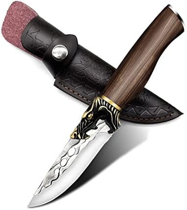 RRLOM Fixed Blade Knife with Leather Sheath, Hunting Knife Full Tang Blade with Non-Slip Wooden Handle, 8.7'' Outdoor Camping Knife for Hiking, Hunting, Fishing, Survival
