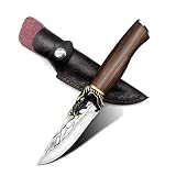RRLOM Fixed Blade Knife with Leather Sheath, Hunting Knife Full Tang Blade with Non-Slip Wooden Hand