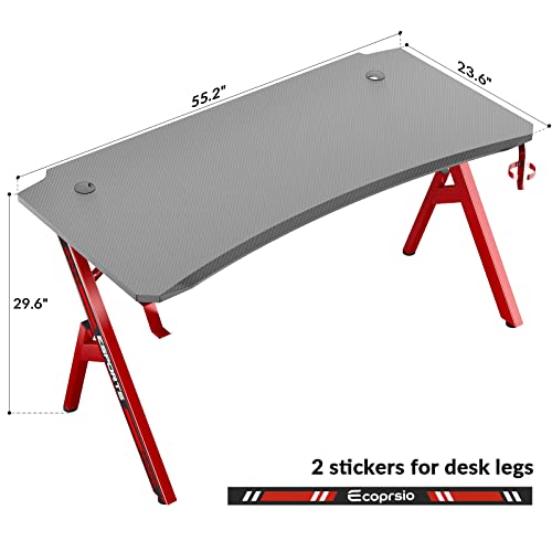 Ecoprsio Gaming Desk, 55 Inch Gaming Computer Desk With Carbon Fiber Desktop, Large Y Shaped Gamer Desk With Cup Holder And Headphone Hook, 55'' Game Table For Gamer Room, Workstation, Bedroom, Red #TOP2