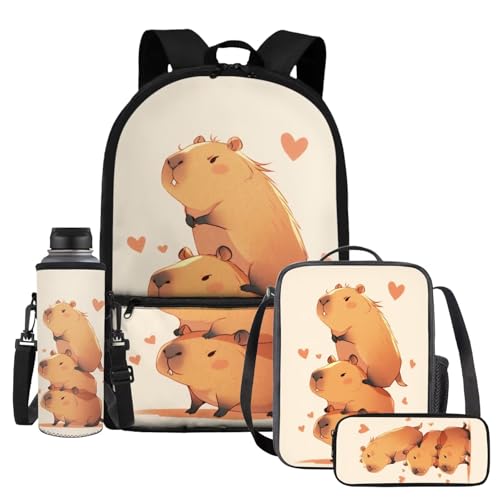 Dremagia Jenga Capybara School Bag Lunch Box Water Bottle Set Girls 2nd Grade Bookbag and Lunch Bag Pencil Case 17 Inch Primary School Student Backpack with Lunchbox, 4 Piece