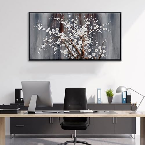Image of Wall Art for Living Room Large Modern Wall Decor Canvas Paintings for Wall Decorations White Flower Brown Bedroom Office Artwork Plum Blossom Art Prints Framed 20x40IN