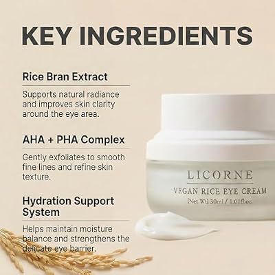 LICORNE Vegan Rice Eye Cream for Dark Circles and Puffiness - Thick Butter Texture Under Eye Care with AHA & PHA, Fragrance Free Hydration for Sensitive Skin, Large 1.01 Fl Oz (30ml)