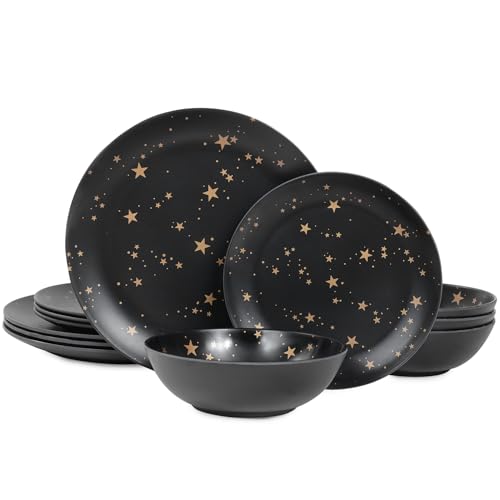 Black Melamine Dinnerware Sets - 12pcs Plates and Bowls Sets Service for 4