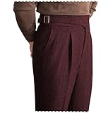Men Trousers Vintage Tweed Blend Pants Herringbone Slim Fit Pleat-Front Pant Burgundy42W×34L