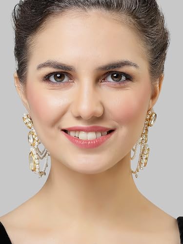 Image of Karatcart Gold Plated Pearl Chain Kundan Kaanchain Earrings for Women