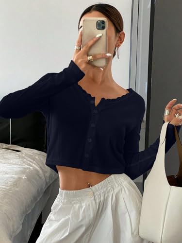 Image of Cioatin Women V Neck Lace Trim Button Down Open Front Pointelle Crop Cardigan Long Sleeve Clean Fit Y2K Minimalist Shirt Tops