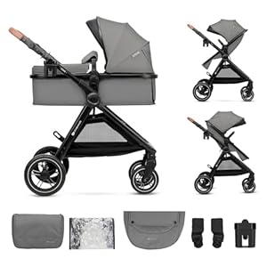 Kinderkraft ESME 2-in-1 Kinderwagen bis 25 kg, Babywanne & Sportsitz, Travel System mit Adaptern, große gefederte TPE-Räder, komplett mit Zubehör, kompakt faltbar, Grau