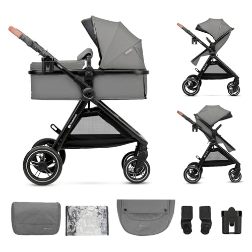 Kinderkraft ESME 2-in-1 Kinderwagen bis 25 kg, Babywanne & Sportsitz, Travel System mit Adaptern, große gefederte TPE-Räder, komplett mit Zubehör, kompakt faltbar, Grau