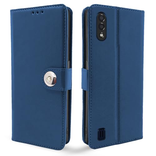 Image of Pikkme Samsung Galaxy M01 Flip Cover Leather Finish | Inside TPU with Card Pockets | Wallet Stand and Shock Proof | Complete Protection Flip Case (Button Blue)