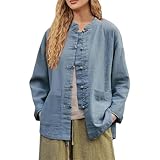 Women Cotton Linen Shirt Jackets Plus Size Spring Clothes Oversized Chinese Frog Button Down Blouses Cardigan Retro Long Sleeve Baggy Mandarin Collar Kung Fu Tai Chi Tang Suit Coats Tropical Jacket
