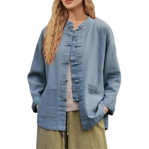 Women Cotton Linen Shirt Jackets Plus Size Spring Clothes Oversized Chinese Frog Button Down Blouses Cardigan Retro Long Sleeve Baggy Mandarin Collar Kung Fu Tai Chi Tang Suit Coats Tropical Jacket