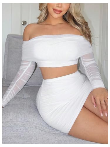 MakeMeChic Women's Party 2 Piece Outfits Mesh Off Shoulder Crop Top and Ruched Bodycon Skirt Set3