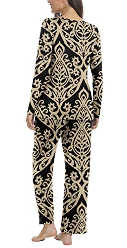 Taohuadao Womens Fall 2 Piece Pajama Sets, Long Sleeve Pleated Tunic Tops With Comfy Pants, Lounge Sleepwear Ladies Pjs Sets With Pockets 2Xl, Fl Khaki #TOP3