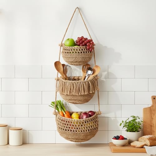 Cesta de frutas colgante de 3 niveles: ahorra espacio en tu cocina con su diseño de algodón 8