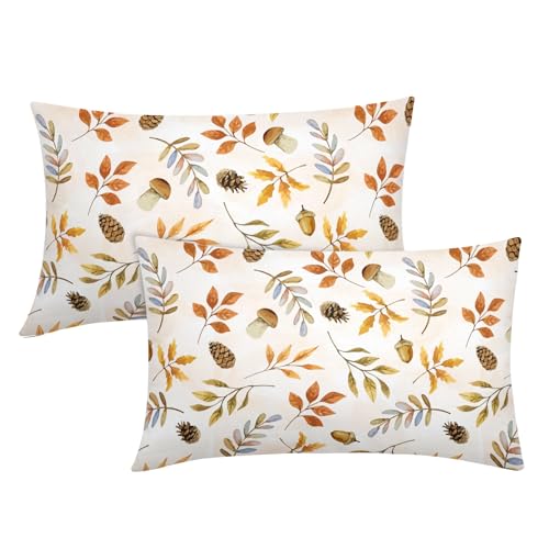 Fall Floral Leaf Lumbar Pillow Covers 12X20 Inch Orange Autumn Leaves Decorative Pillow Cases Thanksgiving Plants Throw Pillows Set of 2 Seasonal Farmhouse Home Decor For Outdoor Indoor Sofa Couch