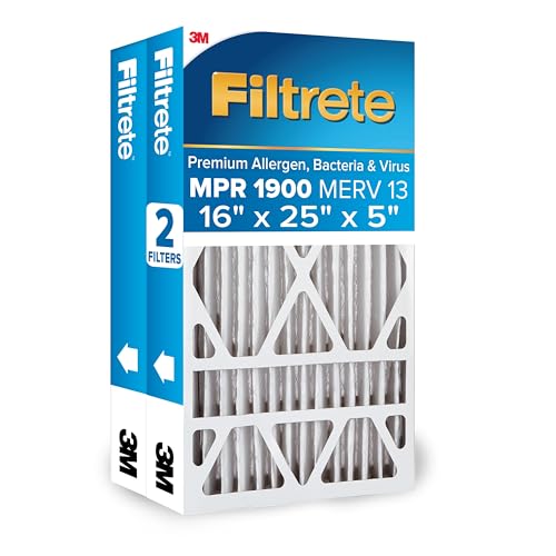 Filtrete 16x25x5 AC Furnace Air Filter, MERV 13, MPR 1900, Premium Allergen, Bacteria & Virus Filter, Electrostatic Air Cleaning Filter, 2-Pack (Actual Size 15.75 x 24.13 x 4.88 in)