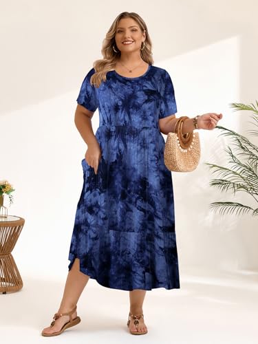 Image of LARACE Plus Size Dresses for Women Summer Casual Short Sleeve Long Dress Flowy Maxi Beach Dresses with Pockets L-6XL