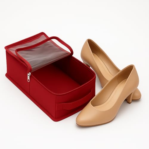 Image of Under Bed Shoe Storage Organizer Box with Clear Plastic Zippered Cover | Large Durable Rexine Travel Shoe Bag for Men & Women | Pack of 3 | Shoes, Slippers & Sports Footwear Storage (Red)