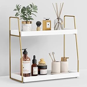 Forbena Bathroom Organizer Countertop, Counter Organizer for Bathroom Decor, Wooden Sink Shelf for Vanity Storage, Makeup Tray for Perfume Skincare Bedroom Kitchen Corner (2 Tier, White and Gold)