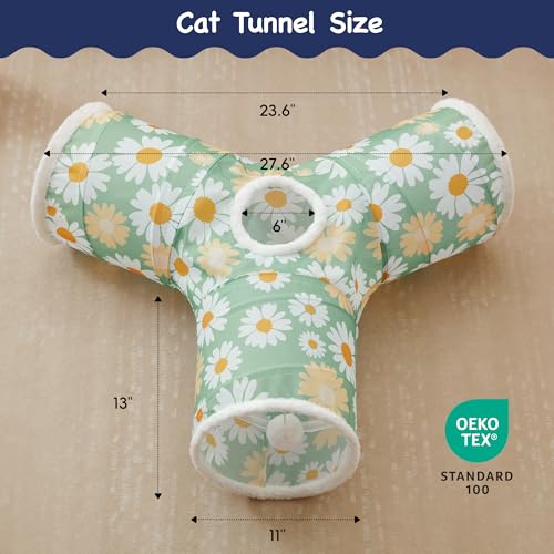 Image of Tempcore Cat Tunnel for Indoor Cats, 3 Way Collapsible Pet Play Tunnel with Teaser Wand, Peek Holes & Hanging Ball, Interactive Tube for Kittens & Rabbits, Daisy Green Printed