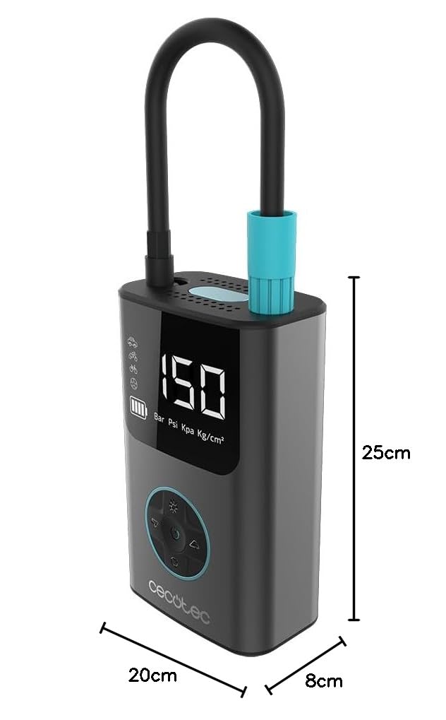 Cecotec Compresseur d'air électrique portable Air Max, Gonfleur 150 PSI, Double batterie 7,4 V et 2000 mAh, Lampe LED, écran LCD, Adapté pour voiture, moto, vélo, trottinette et ballons