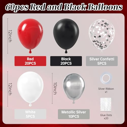 Image of 12inch Red and Black Balloons with Red Black White Silver Balloons | Graduation, Birthday Party Decorations