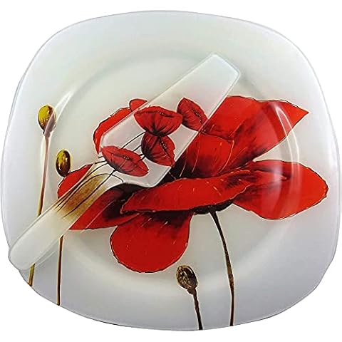 Expositor de tartas con pala de cristal para tartas, bandeja para tartas o pasteles de 30X30cm con diseño de amapola Cover