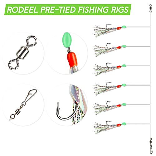 Rodeel Pre-tied Sea Fishing Rigs, 6 Pack / 36 Hooks Fishing Feathers, with Luminous Beads Glowing Tail and Simulated Fish-skin Flasher, Attractor for Mackerel, Herring, Bass, Cod - For Night Use - Image 2