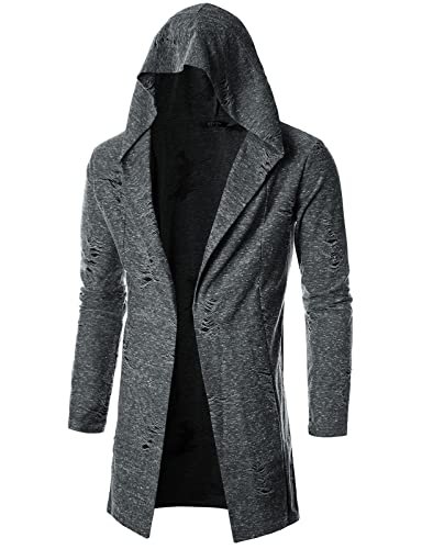 GIVON Mens Longline Hooded Cardigan Ruffle Shawl Collar Drape Cape Overcoat from Unique Scratch Fabric
